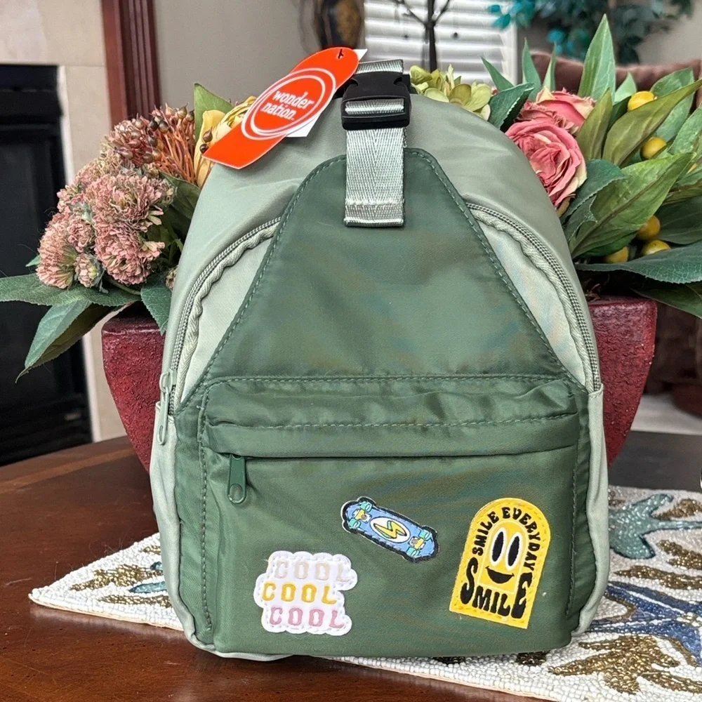 Brand New Wonder Nation Army Green Sling Bag Zippered Mini Backpack w/ Patches